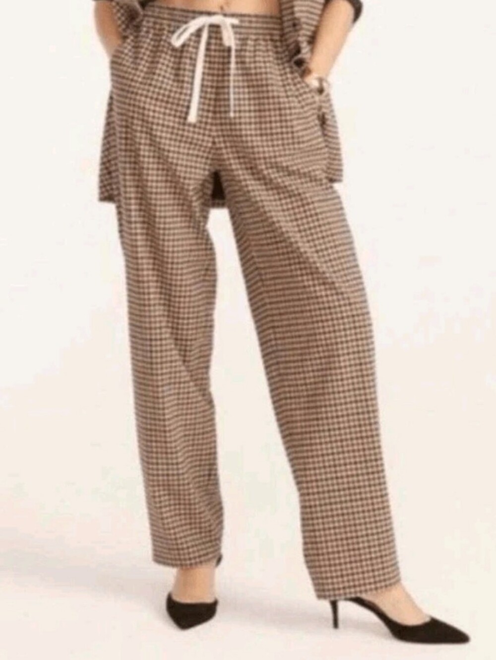 J. Crew Brown & Cream Plaid Stretch Wool Straight‑Leg Drawstring Pants Size 6P
